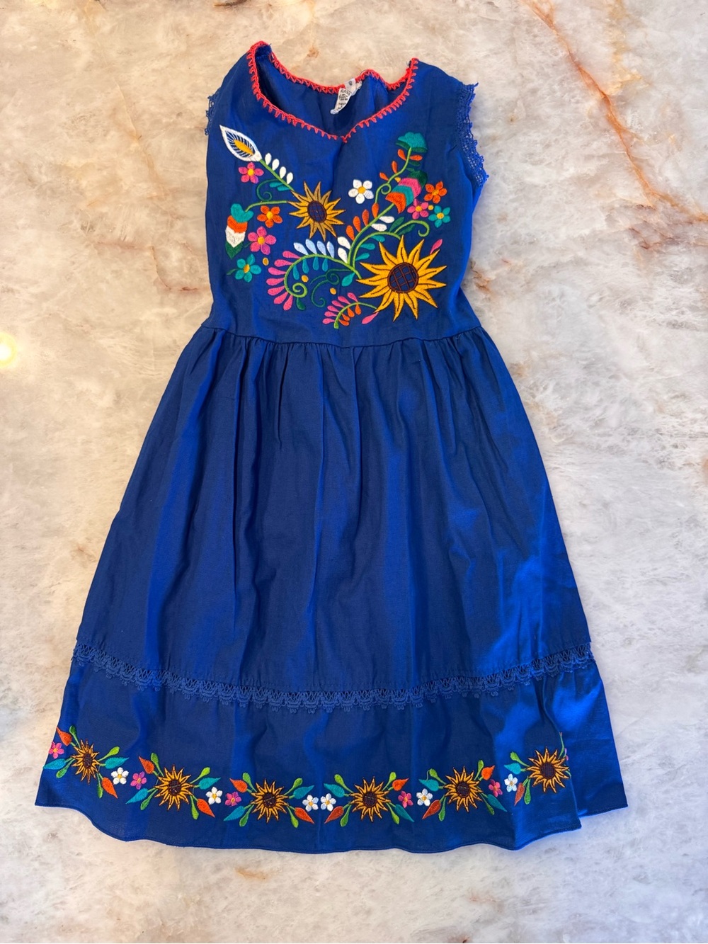 Girls' Royal Blue Floral Embroidered Dress
